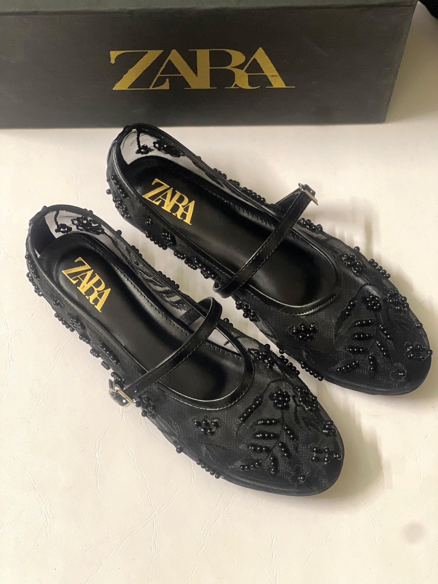 Floral Embroidered Mesh Mary Jane Flats | Pearl & Bead Embellished Sheer Ballet Pumps