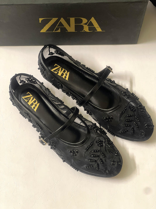 Floral Embroidered Mesh Mary Jane Flats | Pearl & Bead Embellished Sheer Ballet Pumps