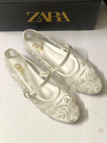 Floral Embroidered Mesh Mary Jane Flats | Pearl & Bead Embellished Sheer Ballet Pumps