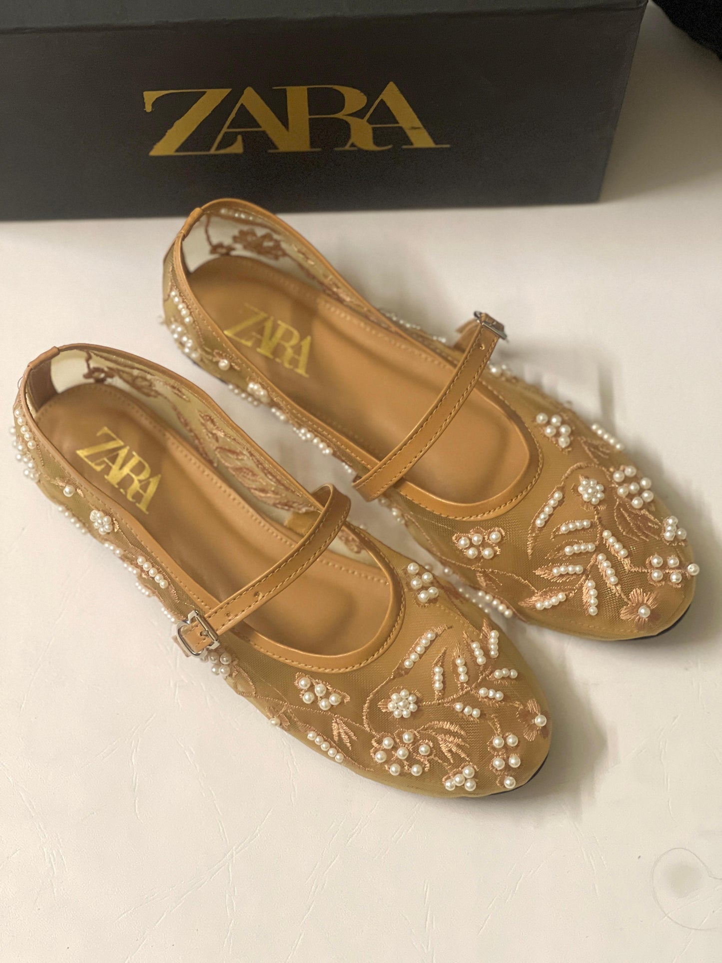 Floral Embroidered Mesh Mary Jane Flats | Pearl & Bead Embellished Sheer Ballet Pumps