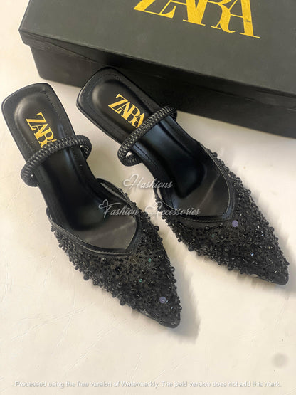 Sequin & Pearl Embellished Pointed Toe Mules | Braided Strap Kitten Heel Slides (Available in Black & Nude)