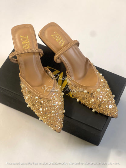 Sequin & Pearl Embellished Pointed Toe Mules | Braided Strap Kitten Heel Slides (Available in Black & Nude)