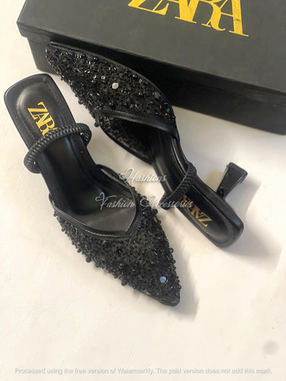 Sequin & Pearl Embellished Pointed Toe Mules | Braided Strap Kitten Heel Slides (Available in Black & Nude)