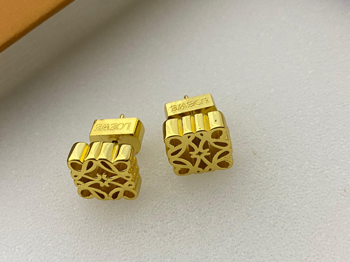 Gold-Tone Geometric Anagram Square Stud Earrings with Open-Work Design