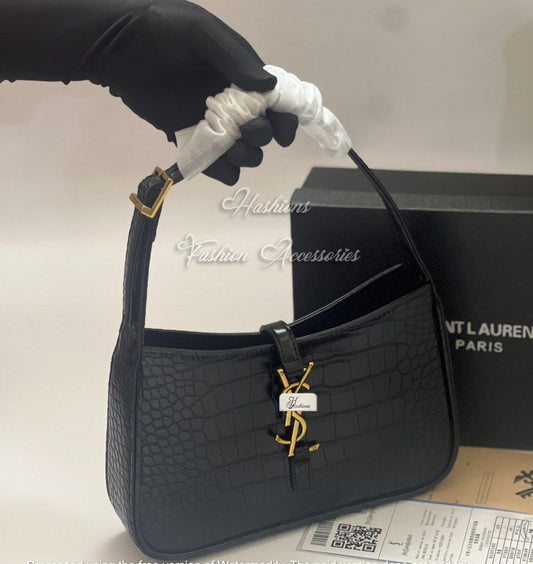 Glossy Black Croc-Embossed Shoulder Bag – Structured Hobo Style with Gold Hardware