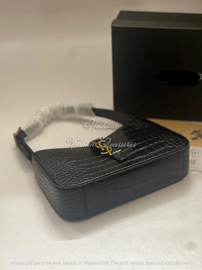 Glossy Black Croc-Embossed Shoulder Bag – Structured Hobo Style with Gold Hardware