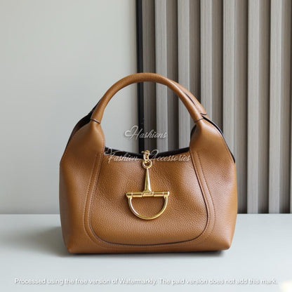 Slouchy Grained Leather Hobo Bag – Minimalist Shoulder Purse with Equestrian Gold Hardware