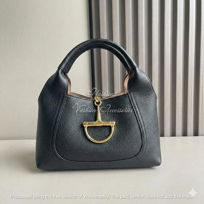 Slouchy Grained Leather Hobo Bag – Minimalist Shoulder Purse with Equestrian Gold Hardware