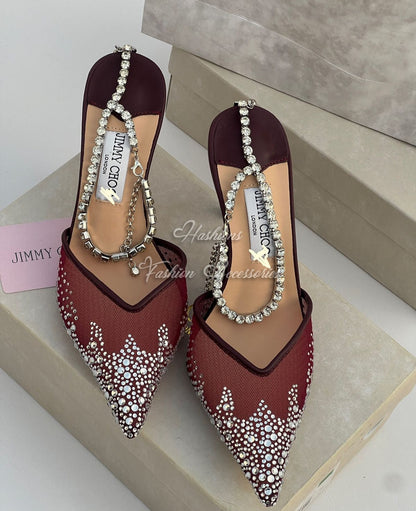 Crystal Embellished Mesh Mules with Jeweled Strap – Pointed Toe Evening Heels