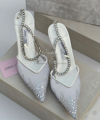 Crystal Embellished Mesh Mules with Jeweled Strap – Pointed Toe Evening Heels