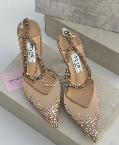 Crystal Embellished Mesh Mules with Jeweled Strap – Pointed Toe Evening Heels