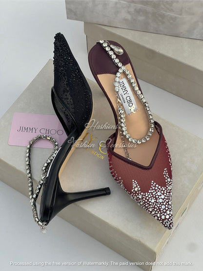Crystal Embellished Mesh Mules with Jeweled Strap – Pointed Toe Evening Heels