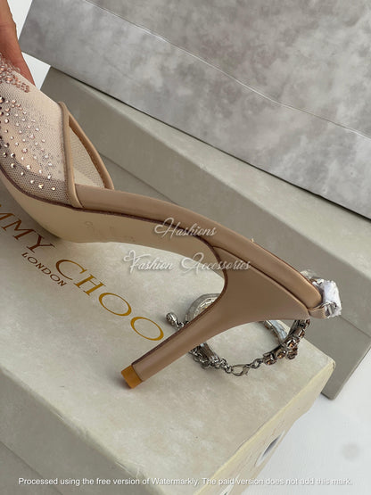 Crystal Embellished Mesh Mules with Jeweled Strap – Pointed Toe Evening Heels