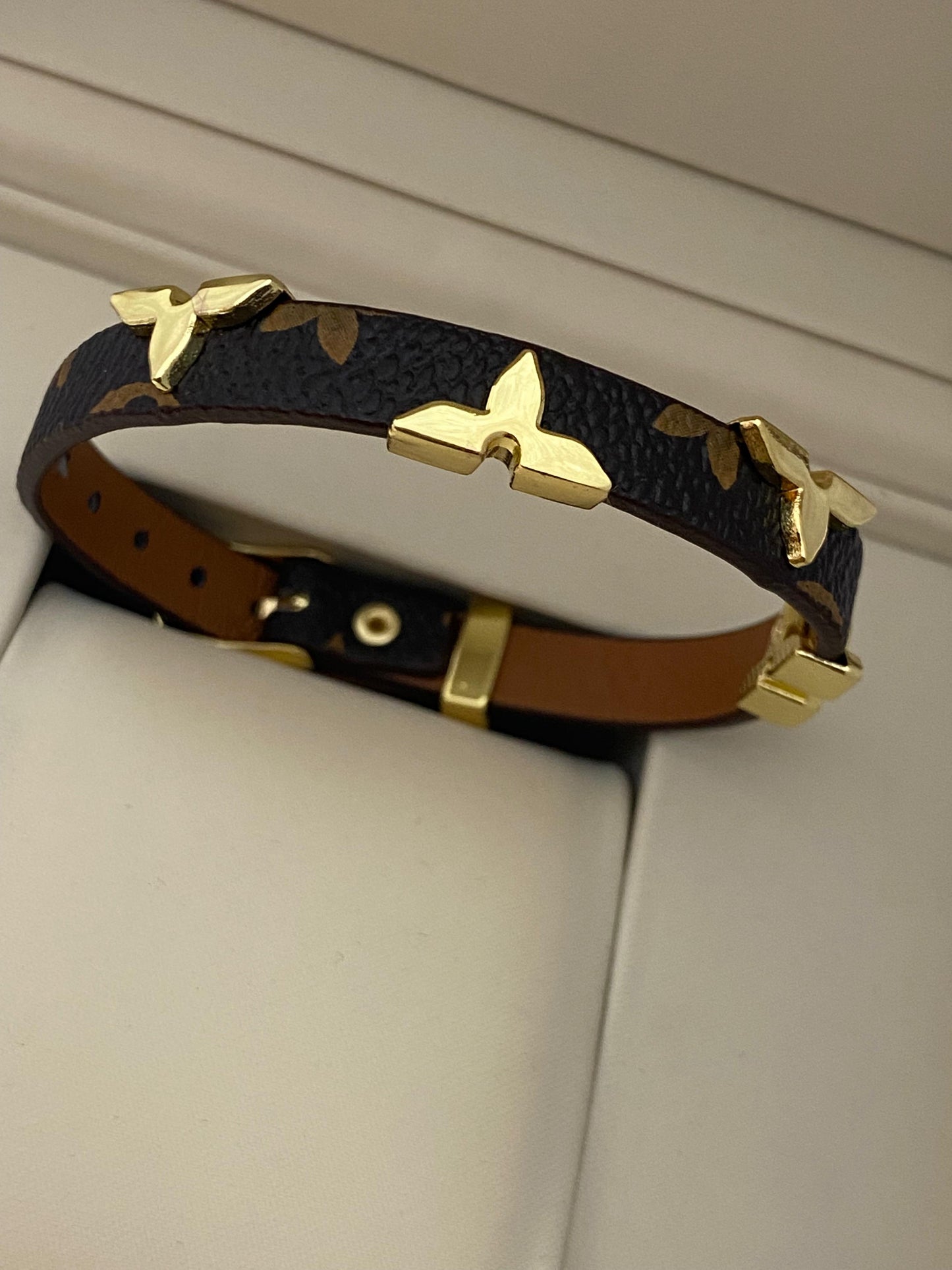 Slim Monogram Leather Bangle - Gold Floral Studded Bracelet