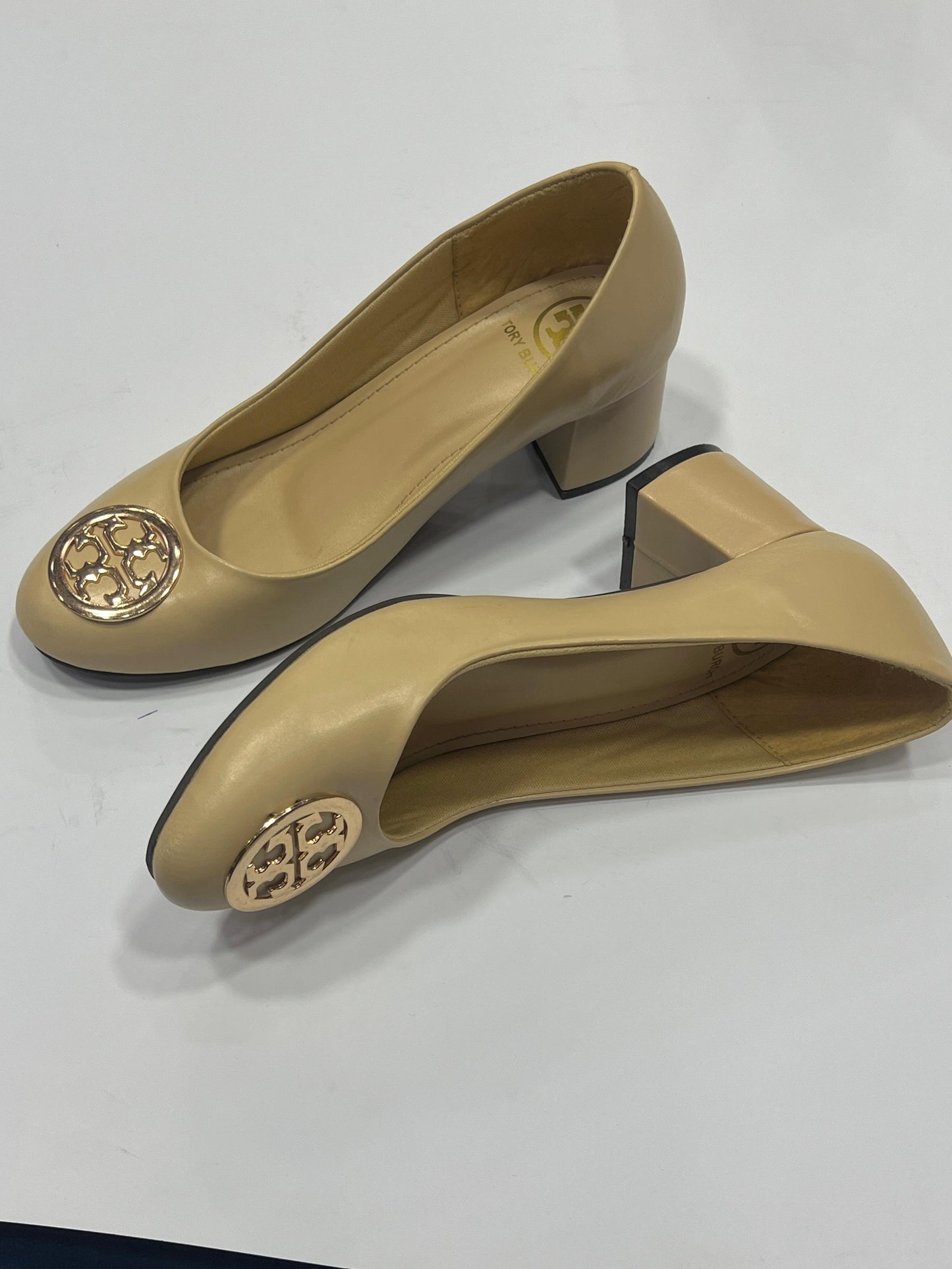 Women’s Classic Round Toe Block Heels with Gold Medallion – Comfort Work Pumps