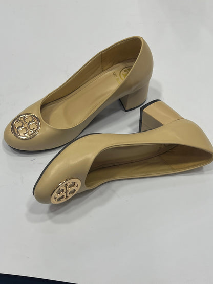 Women’s Classic Round Toe Block Heels with Gold Medallion – Comfort Work Pumps