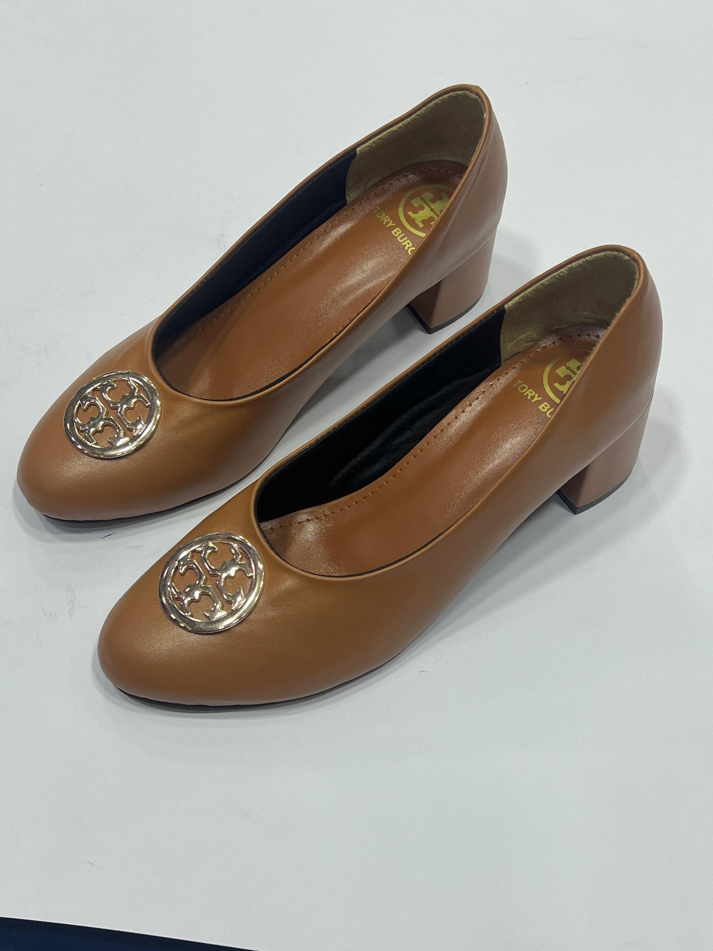 Women’s Classic Round Toe Block Heels with Gold Medallion – Comfort Work Pumps