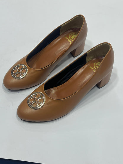 Women’s Classic Round Toe Block Heels with Gold Medallion – Comfort Work Pumps