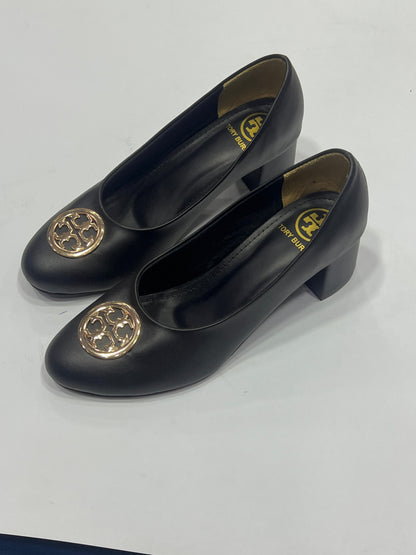 Women’s Classic Round Toe Block Heels with Gold Medallion – Comfort Work Pumps