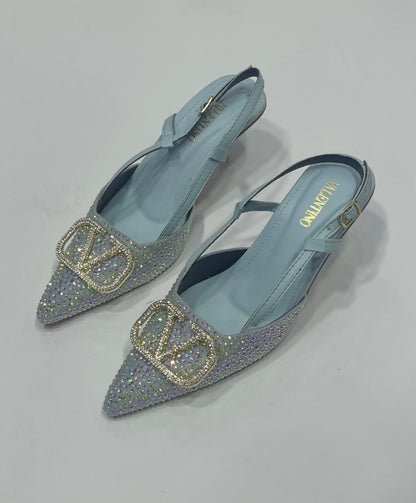 Rhinestone Embellished Pointed-Toe Slingback Kitten Heels