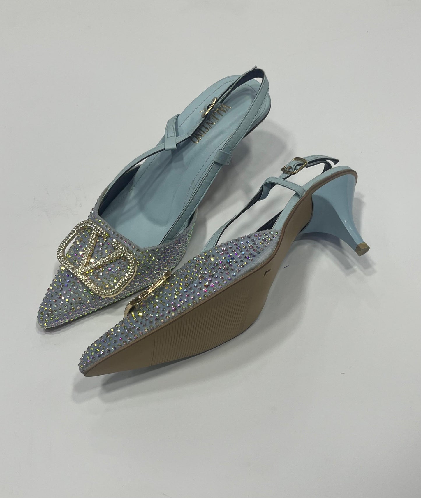 Rhinestone Embellished Pointed-Toe Slingback Kitten Heels