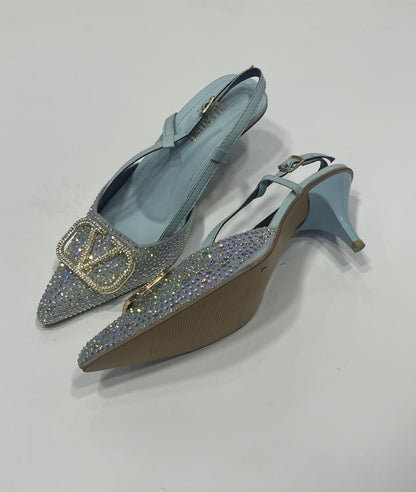 Rhinestone Embellished Pointed-Toe Slingback Kitten Heels