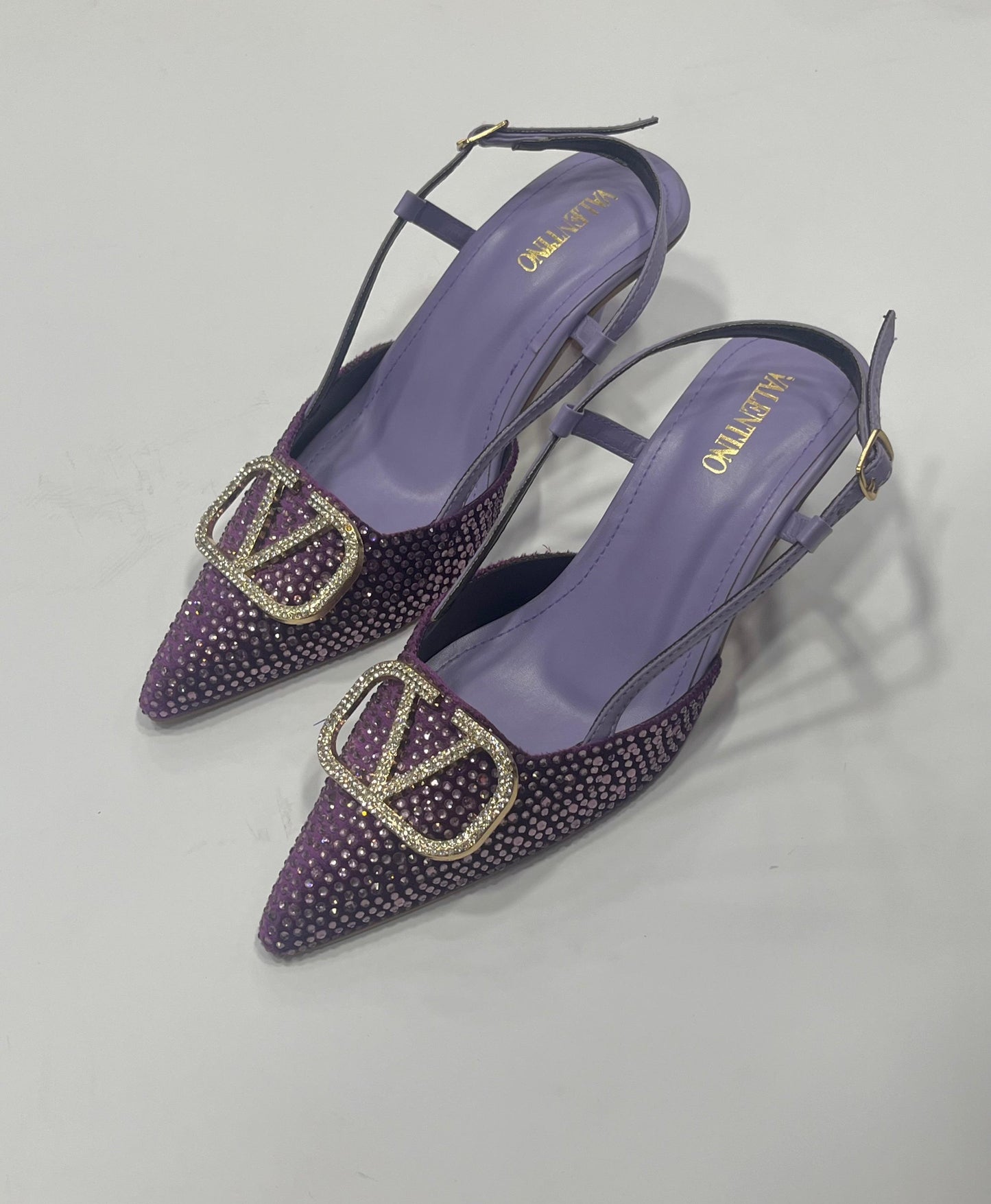 Rhinestone Embellished Pointed-Toe Slingback Kitten Heels