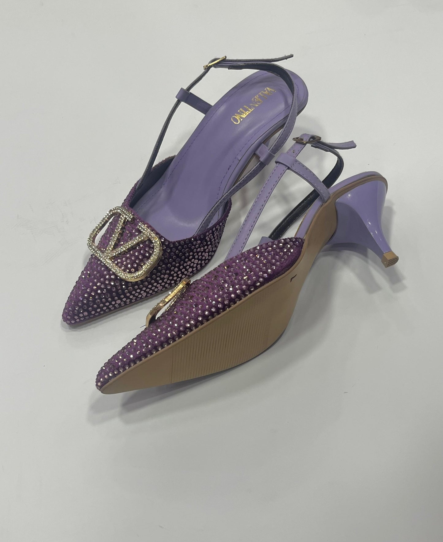 Rhinestone Embellished Pointed-Toe Slingback Kitten Heels