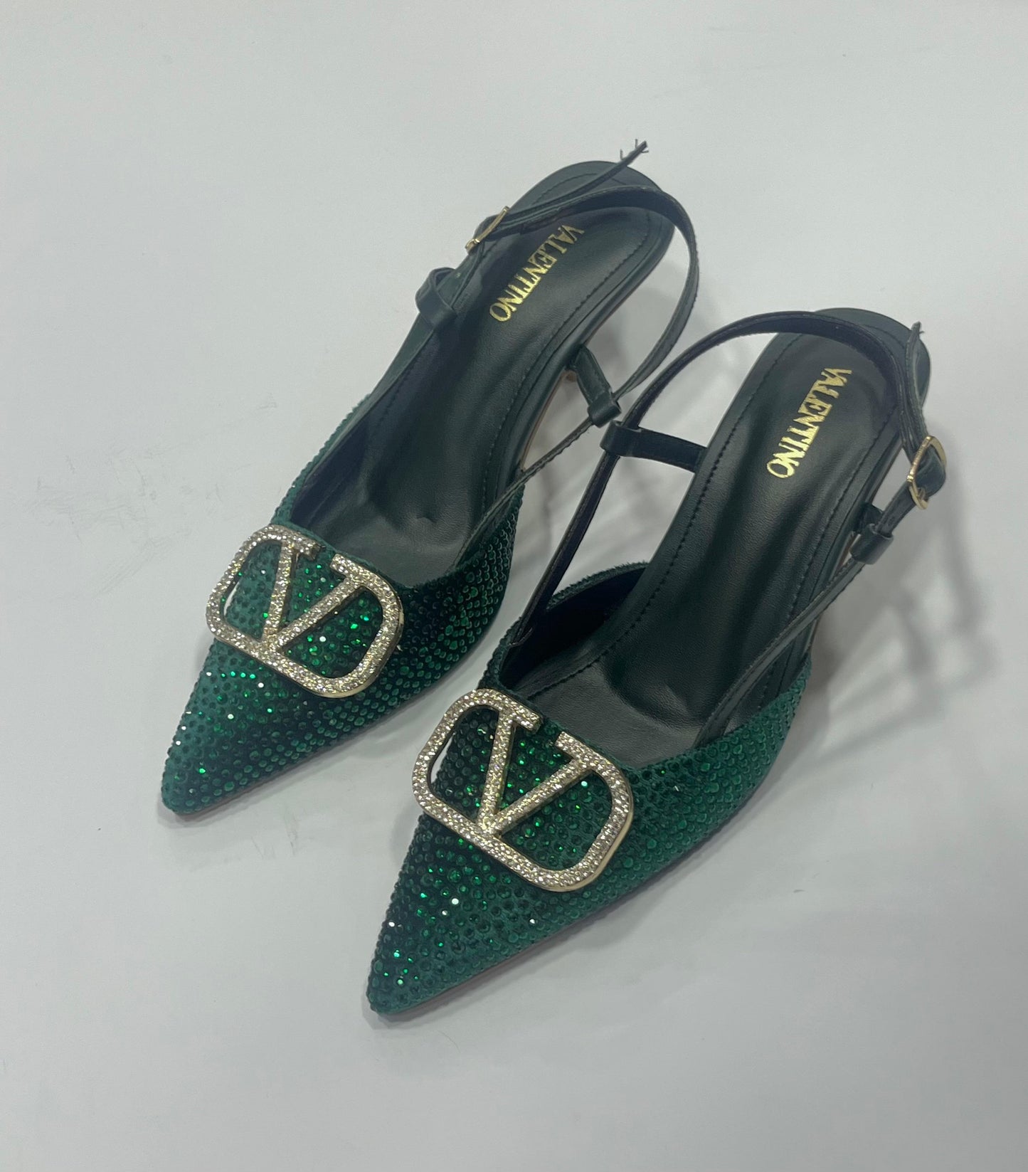 Rhinestone Embellished Pointed-Toe Slingback Kitten Heels