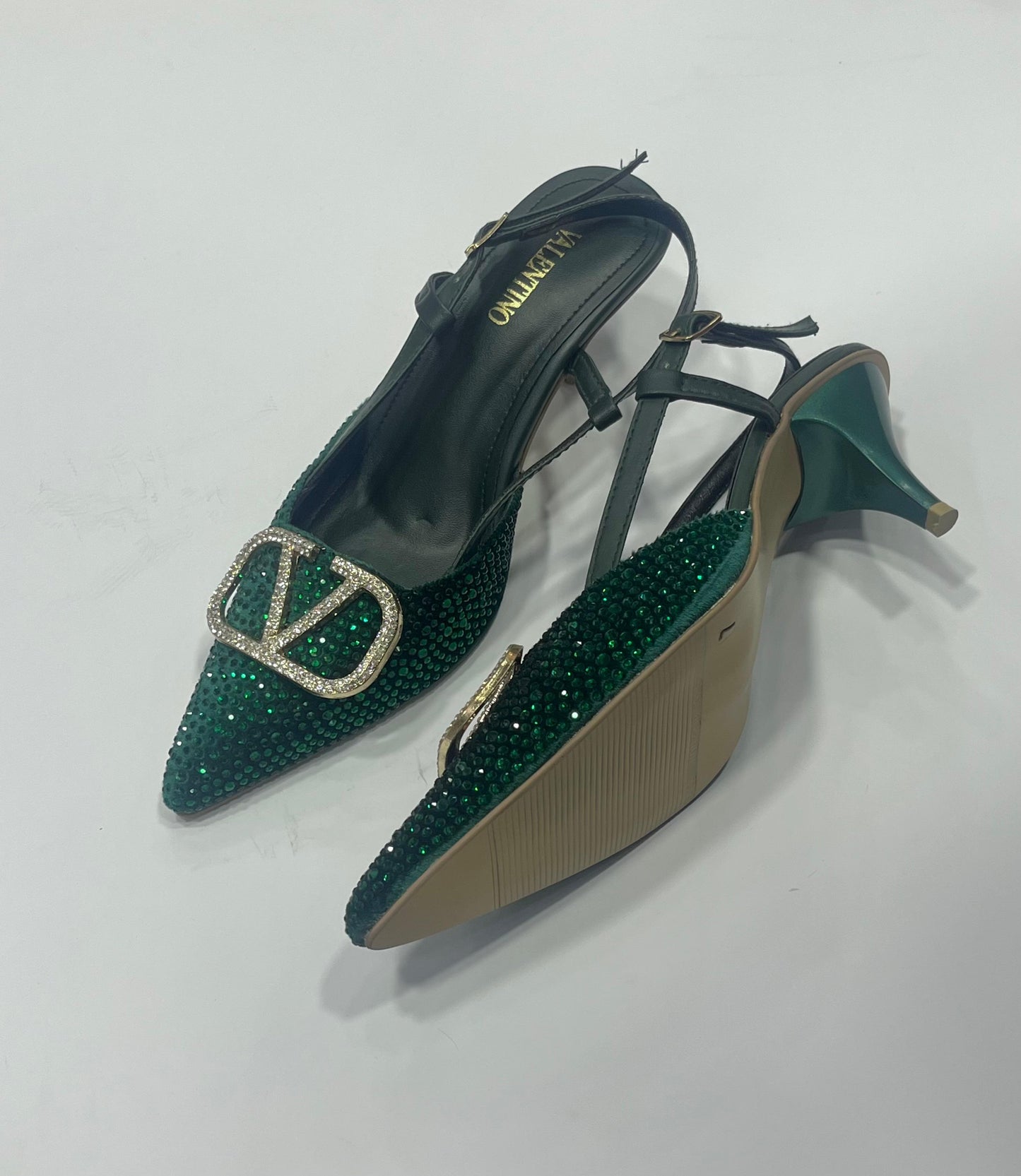 Rhinestone Embellished Pointed-Toe Slingback Kitten Heels