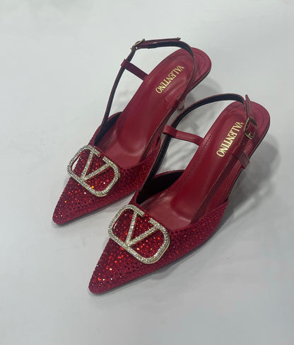 Rhinestone Embellished Pointed-Toe Slingback Kitten Heels