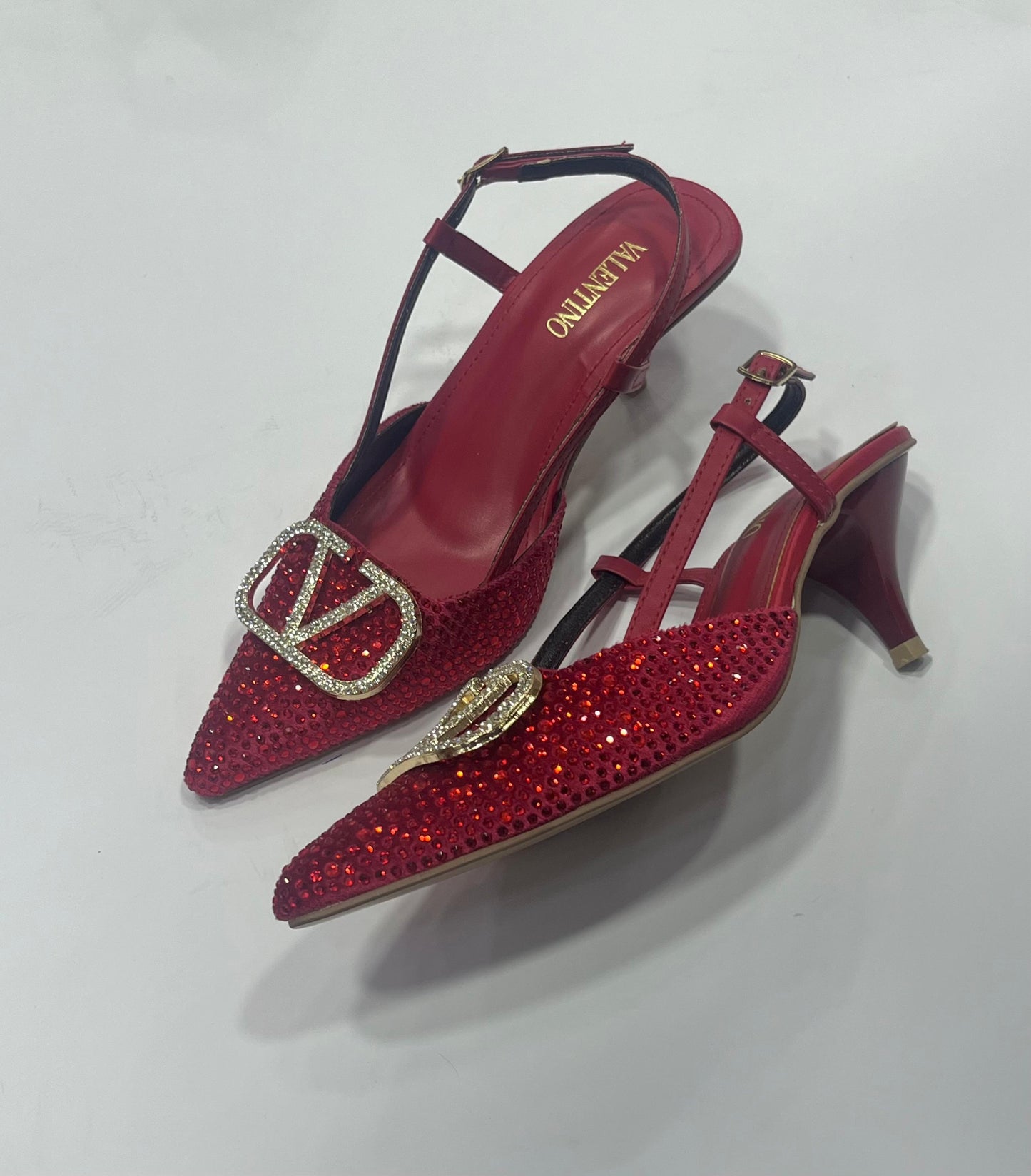 Rhinestone Embellished Pointed-Toe Slingback Kitten Heels