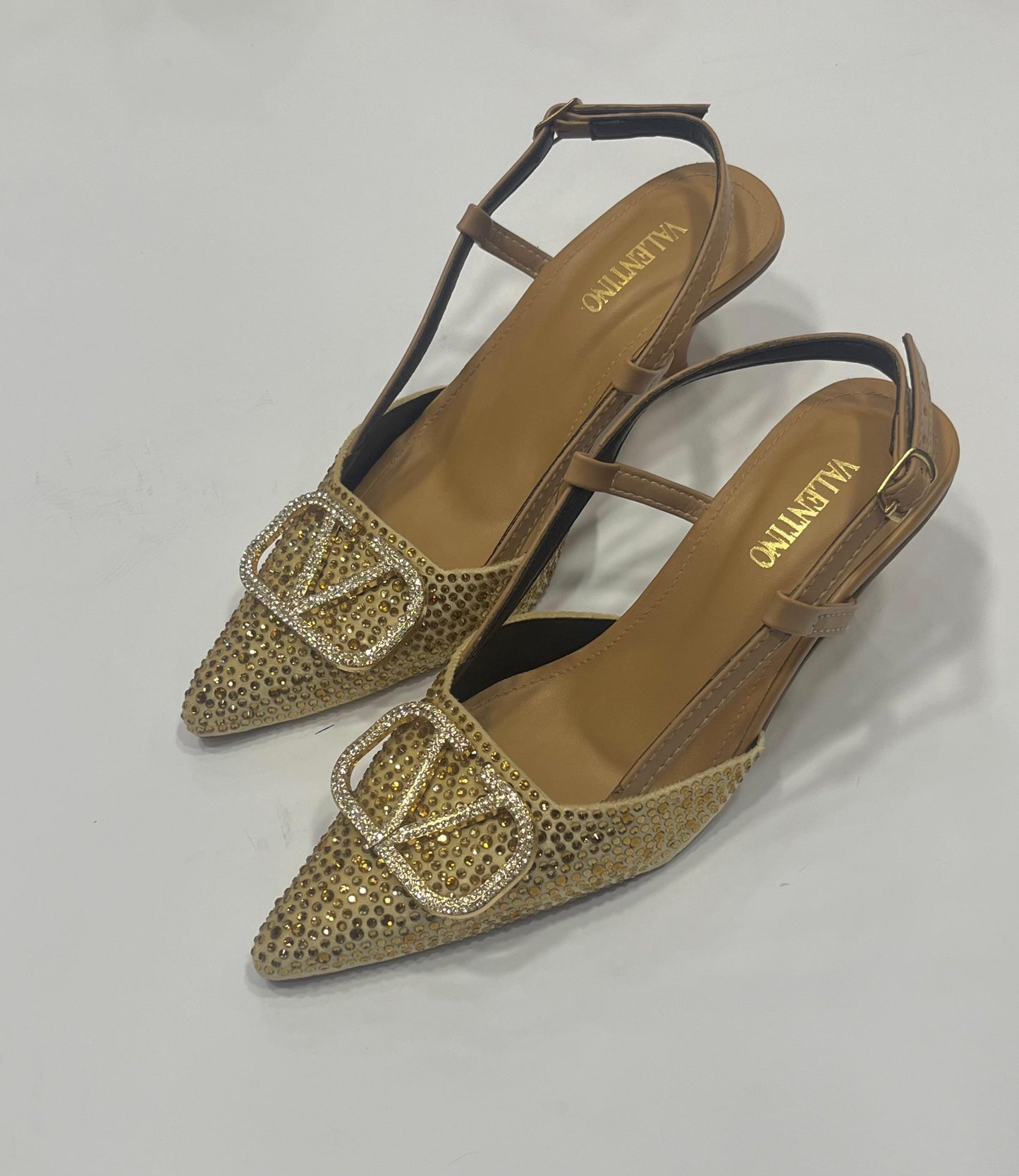 Rhinestone Embellished Pointed-Toe Slingback Kitten Heels