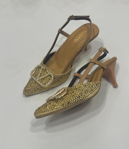 Rhinestone Embellished Pointed-Toe Slingback Kitten Heels