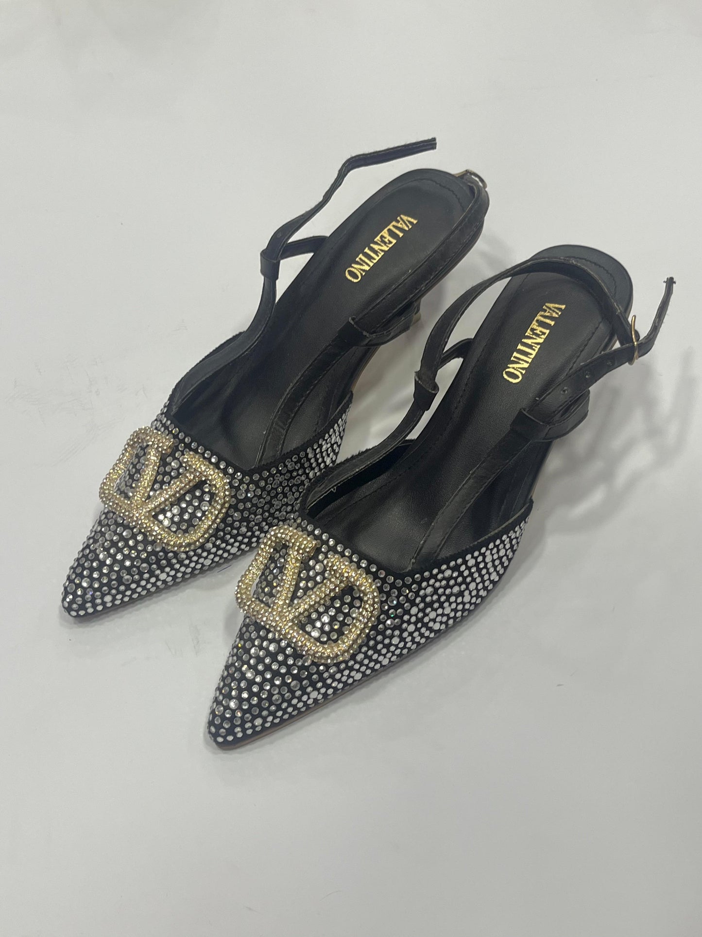 Rhinestone Embellished Pointed-Toe Slingback Kitten Heels