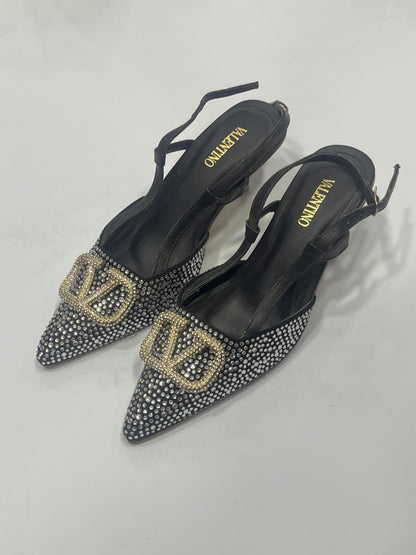 Rhinestone Embellished Pointed-Toe Slingback Kitten Heels