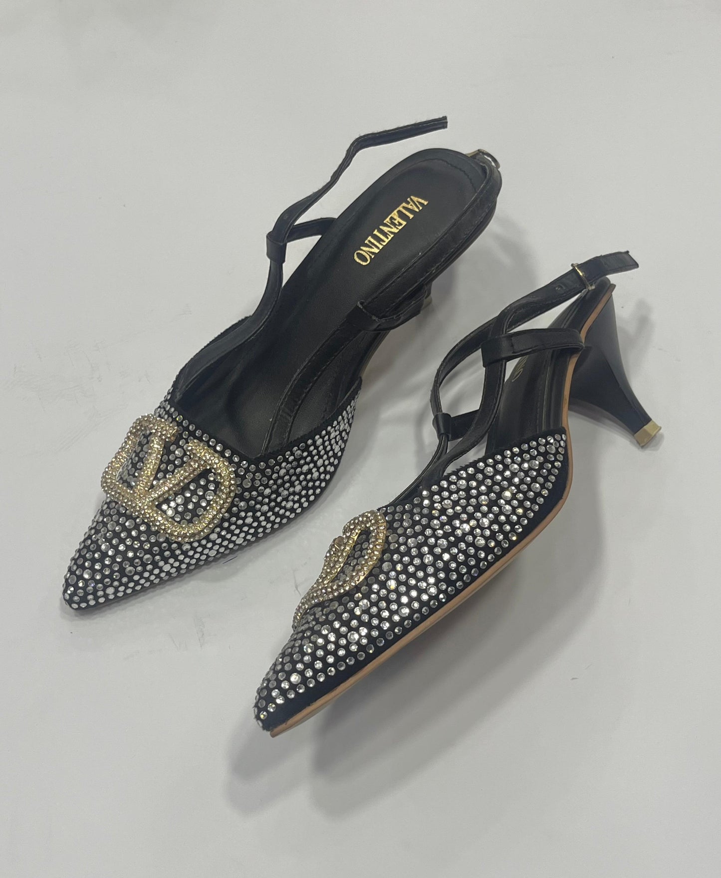 Rhinestone Embellished Pointed-Toe Slingback Kitten Heels