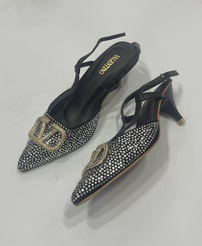 Rhinestone Embellished Pointed-Toe Slingback Kitten Heels