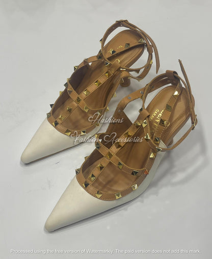 Studded T-Strap Pointed Toe Pumps - Elegant Mid-Heel Stilettos