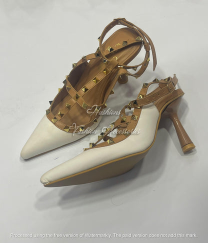 Studded T-Strap Pointed Toe Pumps - Elegant Mid-Heel Stilettos
