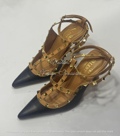 Studded T-Strap Pointed Toe Pumps - Elegant Mid-Heel Stilettos