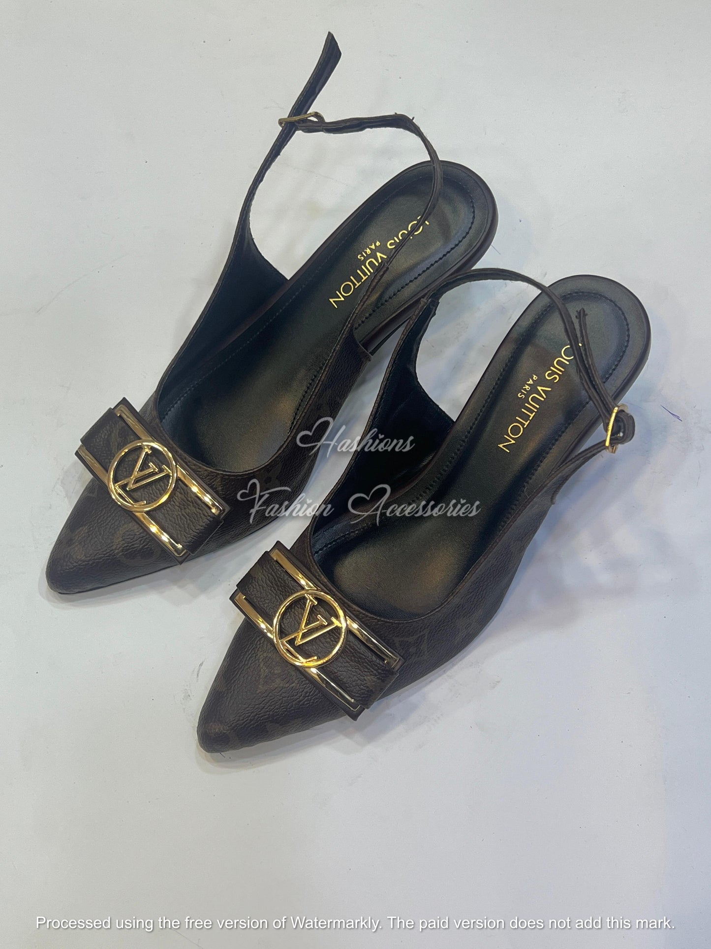 Pointed Toe Slingback Heels with Gold Buckle Accent