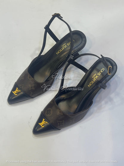 Monogram Pointed Toe Slingback Kitten Heels