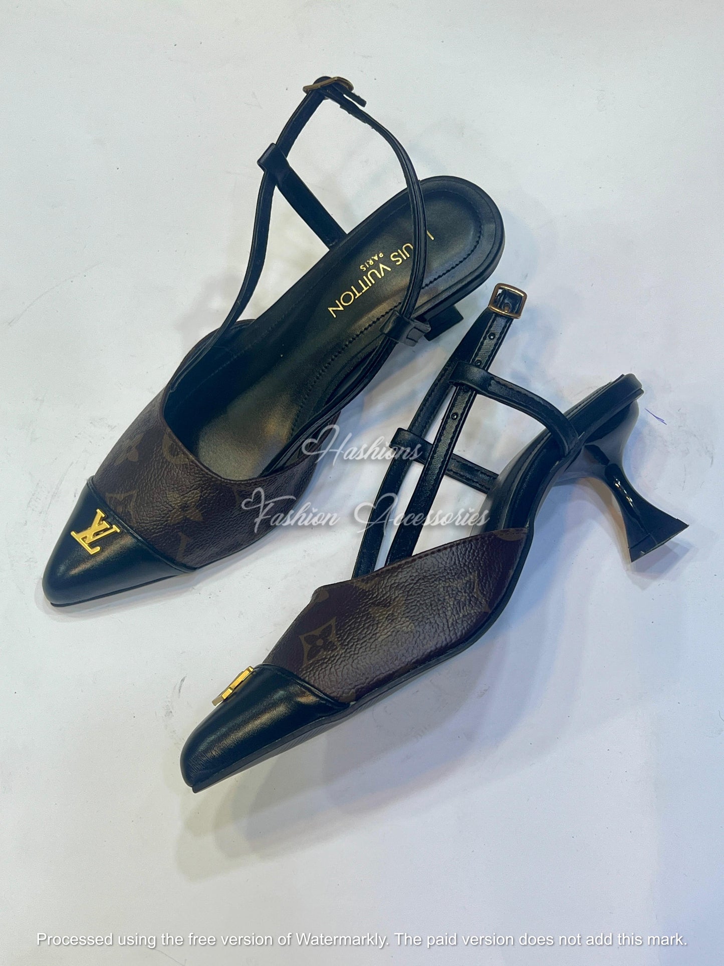 Monogram Pointed Toe Slingback Kitten Heels