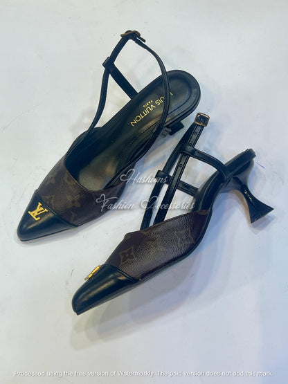 Monogram Pointed Toe Slingback Kitten Heels