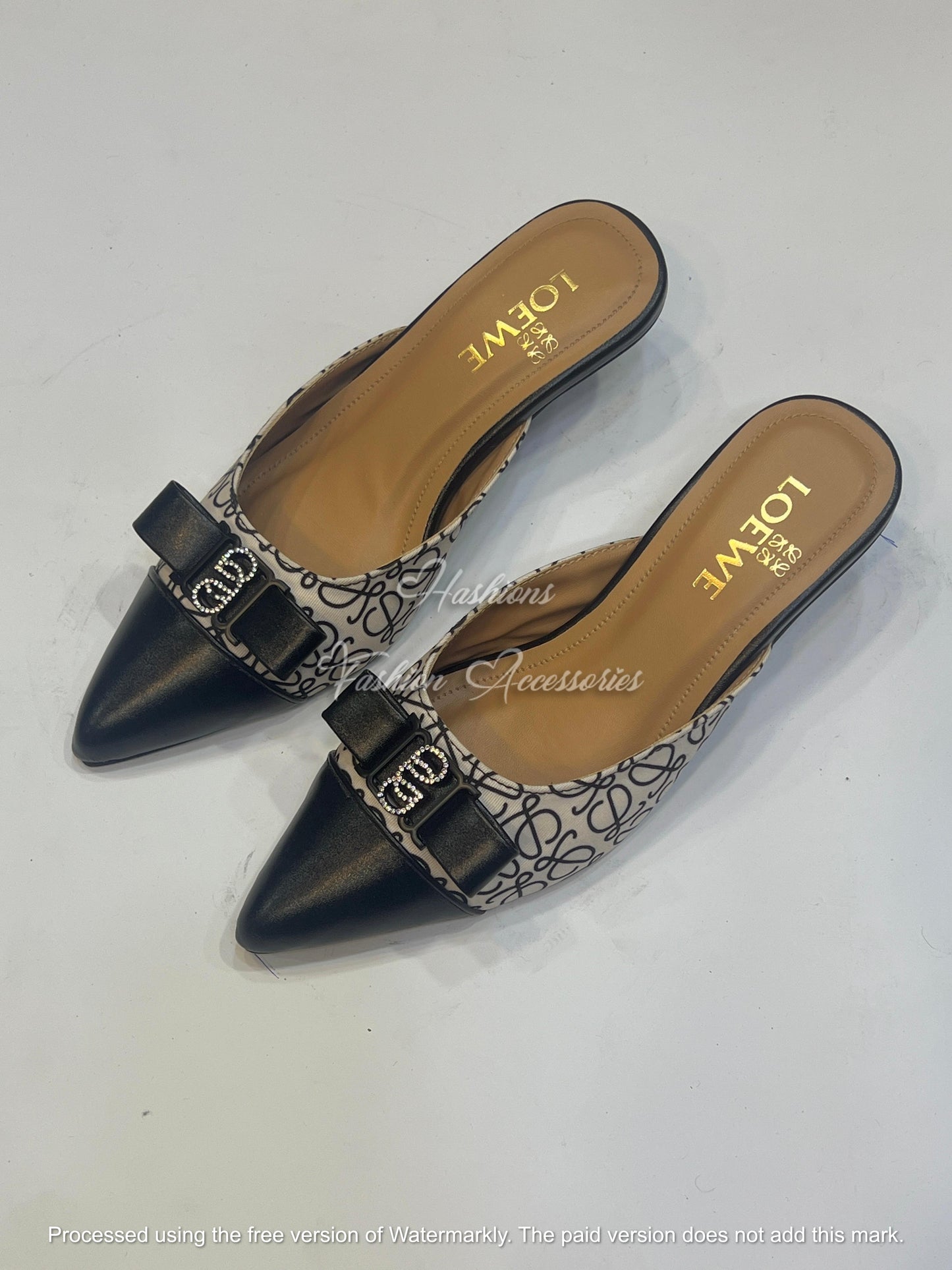 Monogram Bow Kitten Heel Mules – Pointed Toe Slip-On Pumps
