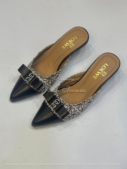 Monogram Bow Kitten Heel Mules – Pointed Toe Slip-On Pumps