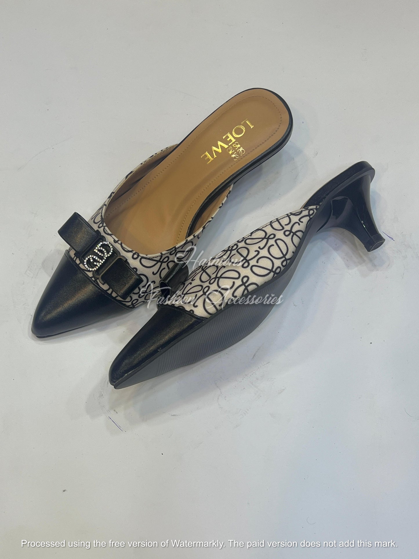 Monogram Bow Kitten Heel Mules – Pointed Toe Slip-On Pumps