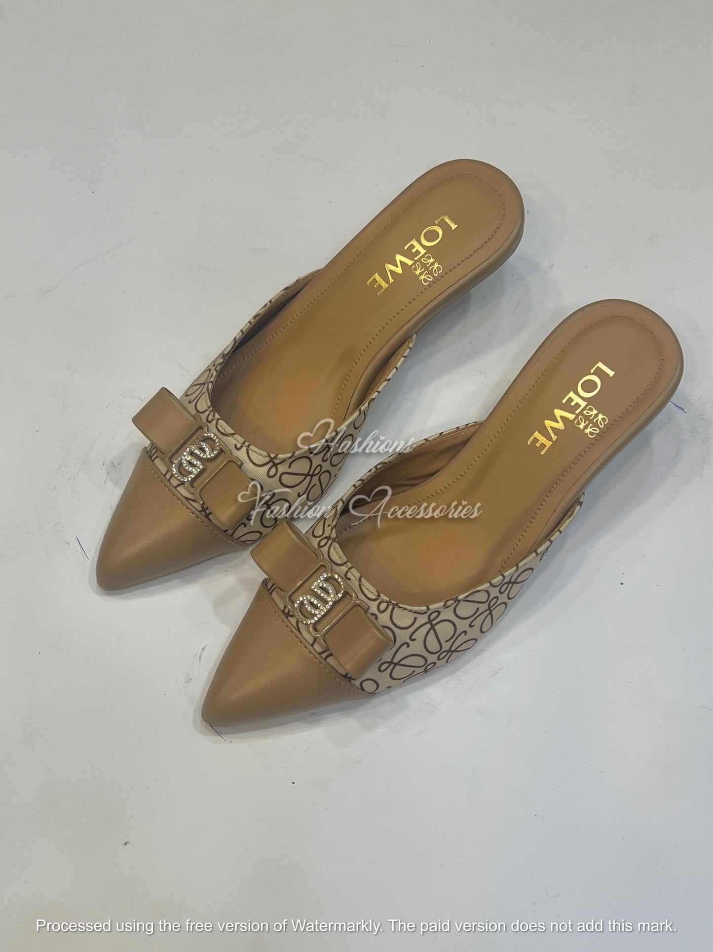 Monogram Bow Kitten Heel Mules – Pointed Toe Slip-On Pumps