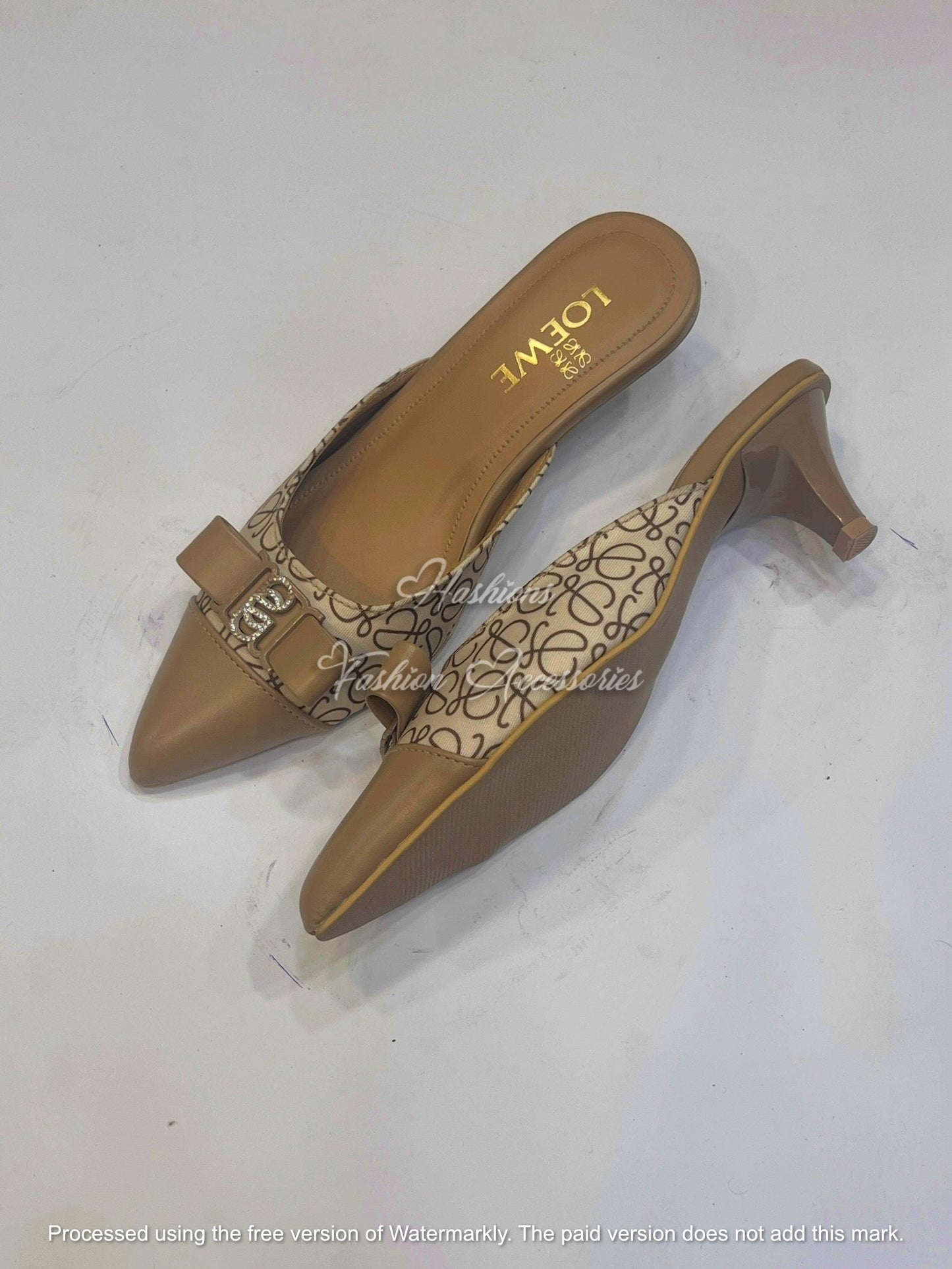 Monogram Bow Kitten Heel Mules – Pointed Toe Slip-On Pumps